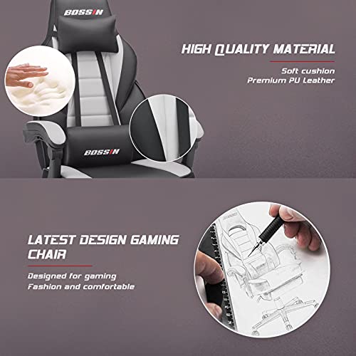 Bossin Racing Style Gaming Chair With Massage, Leather Computer Desk Chair With Footrest And Headrest, Ergonomic Heavy Duty Design, Large Size High-Back E-Sports, Big And Tall Gaming Chair #TOP1