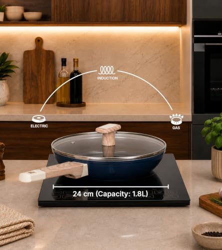 Image of Kreme Ceracook Ceramic Coated Granite Fry Pan 1.8L /24cm with Glass Lid, ISI Certified Frying Pan, Forged Aluminium, Gas & Induction Use, Non Toxic, PFAS & PTFE Free, 1 Year Warranty, Ocean Deep Blue