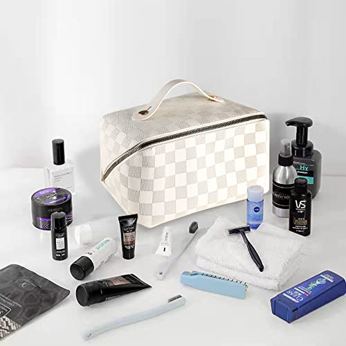 Leicurace Large Capacity Makeup Organizer Bag, A Cosmetic Bag For Women And Girls, Makeup Brush Bag, Travel Makeup Bag, Checkered Makeup Bag, Best Makeup Bag For Travel(White) #TOP7
