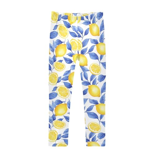 Wusikd Lemon Blue Leaves Girls' Leggings Toddler Doodles Yellow Kids Yoga Pants Dance Active Tights 4T
