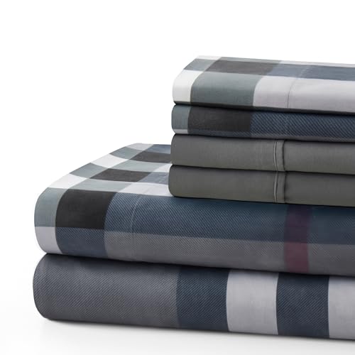 Marina Decoration Home Decor Bedding Bedroom Bedsheet Soft Silky Deep Pocket Rayon from Bamboo All Season 6 Pieces Printed Sheet Set with 4 Pillowcases, Modern Grey Tartan Pattern Double/Full Size by Marina Decoration - Used condition - Image 3