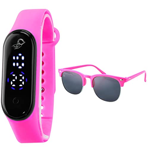 Relógio Bracelete Infantil Led Digital De Pulso à Prova D'água + Óculos de Sol Rosa Menina Proteção