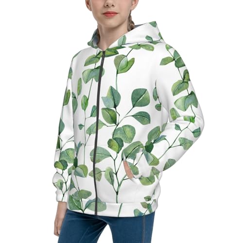 Hand Painted Eucalyptus Kids Pullover Hoodies Boys Zip Up Sweatshirts Girls Athletic Clothes with Pocket