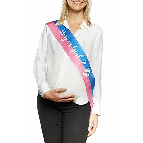 OMISS Two-Tone Blue and Pink Sash for Gender Reveal – Text: Boy or Girl? – Perfect for Mom to Be (Boy or Girl)