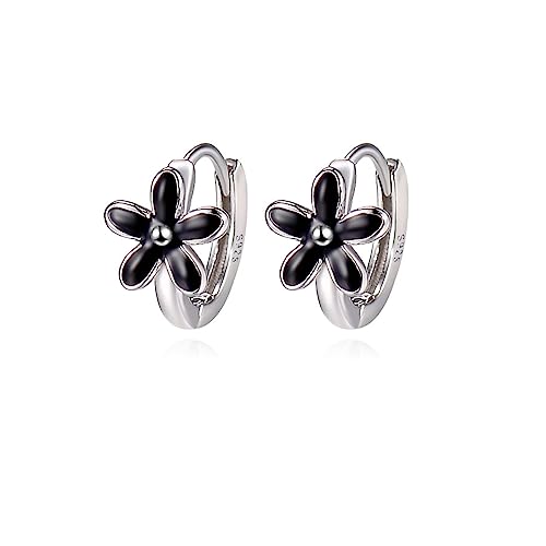 Reffeer Solid 925 Sterling Silver Daisy Flower Hoop Earrings Huggie for Women Teens Black Flower Hoop Earrings Cartilage Helix Earrings