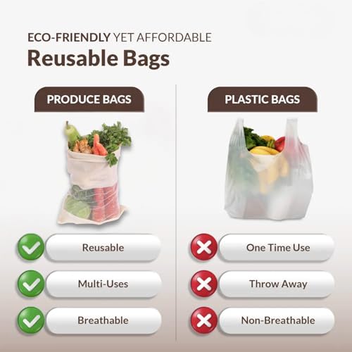 Image of Solitude Set of 9 Cotton Vegetable Bags for Fridge Storage, Reusable Washable Muslin Cloth Produce Bags with Drawstring, Eco Friendly Kitchen Storage Bags for Fruits and Vegetables