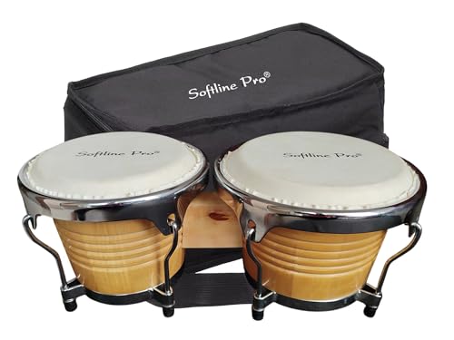 Image of Softline Pro Premium Natural Bongo Drum Set with Padded Bag and Tuning Key /Wrench Professionals Wooden Bongos Drum for Beginner Adults Kids Bongo Drum Percussion Instrument (SP BNG NT-L- SP)
