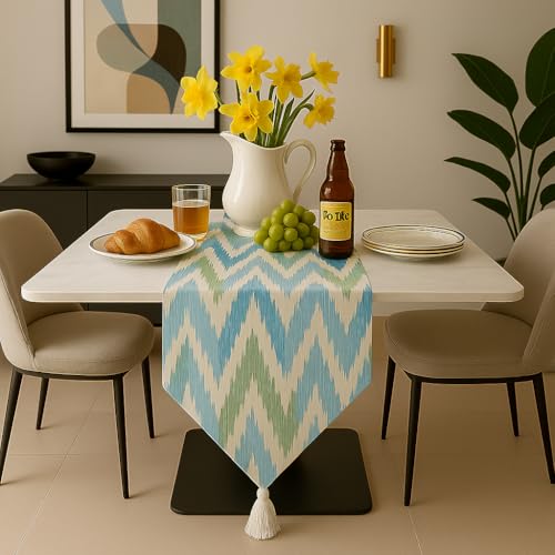 WWW.THROWPILLOW.IN Aqua Blue Print Table Runner With Tassels 13x72 Inches | Fits 5 Feet TV Unit Cabinet, Center Table,Coffee Table,Dining Table, Dresser, Entry Console, Credenza | Diwali Festive Decor
