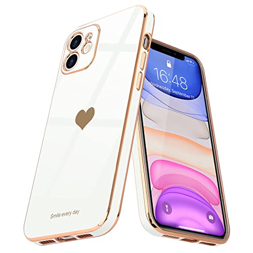Teageo Compatible with iPhone 11 Case for Women Girl Cute Love Heart Luxury Bling Plating Soft Back Cover Full Camera Protection Bumper Silicone Shockproof Phone Case, White