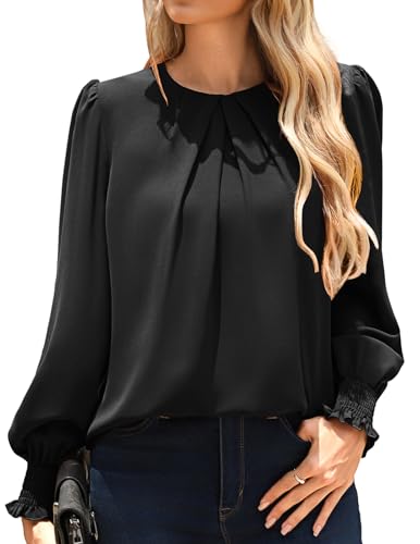 Women's Black Dressy Business Casual Chiffon Blouses, Pleated Plus Size