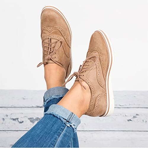Women's Perforated Lace Up Oxfords Wingtip Brogue Walking Shoes Vintage Faux Suede Low Top Comfort Casual Shoes Khaki #TOP3
