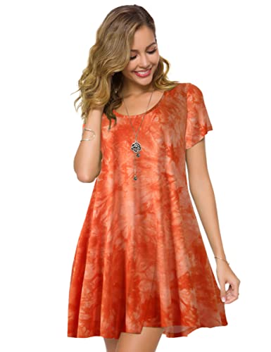 Zennilo Plus Size Casual T Shirt Dresses For Women Flowy Tie Dye Dress Pockets(B-Orange,1X) #TOP2