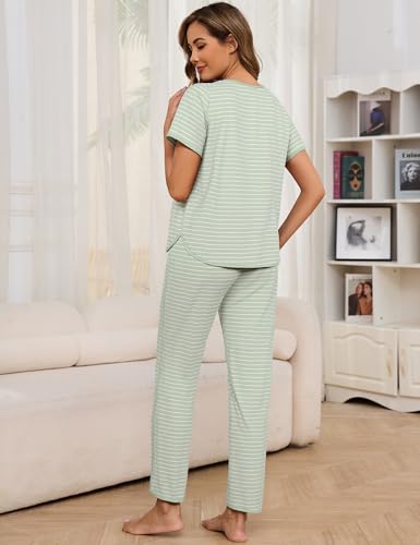 Image of Womens Pajama Sets Cotton 2 Piece Lounge Set Stripe Short Sleeve Pj Set Comfy Loungewear Sleepwear with Pockets