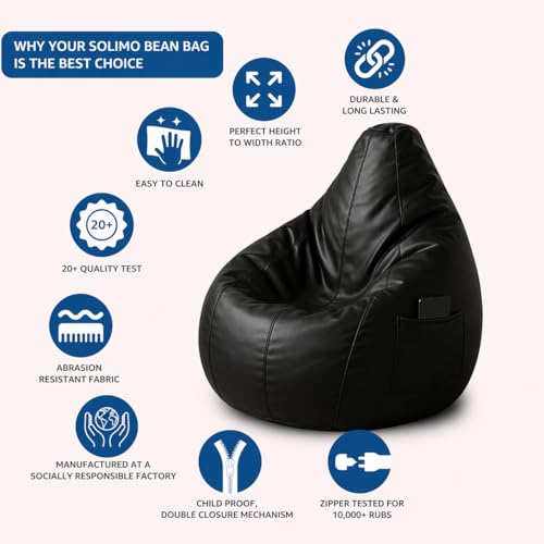 Image of Bean Bag Cover | Gaming Seat with Side Pocket | Premium Leatherette, Washable Cover, Double Stitching | for Lounge & Bedroom | Cover Only (Free Pillow & Footrest, No Beans) (Black, XL)