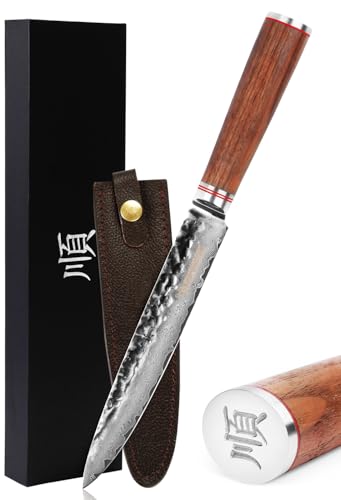 YOUSUNLONG Sashimi Knives - Cuchillos de trinchar de 8 pulgadas, cuchillos de sushi, acero de Damasco martillado japonés, mango de madera de nogal natural con funda de cuero YOUSUNLONG Sashimi Knives - Cuchillos de trinchar de 8 pulgadas, cuchillos de sushi, acero de Damasco martillado japonés, mango de madera de nogal natural con funda de cuero