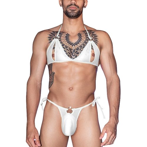 PURFUN - PURFUN Men's Sissy Bikini Crossdressing Lingerie Set Sexy Bra Top with Low Rise Briefs Gay Underwear Pouch Panties Nightwear White