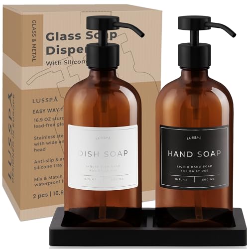 Glass Soap Dispenser Set of 2 (Amber) with Silicone Tray | Hand and Dish Soap Dispenser for Kitchen and Bathroom | 16.8 Oz Glass Bottles with Stainless Steel Pump & 15 Waterproof Labels (Amber/Black) - image 7