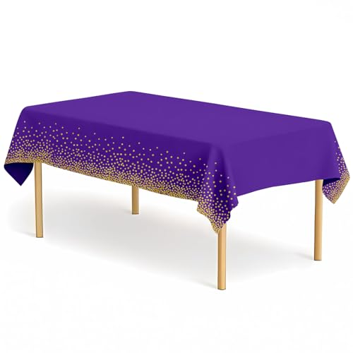 CINSOEN 12 Pack Purple and Gold Dot Tablecloth 54 x 108 Inch Rectangle Table Covers PEVA Purple Plastic Table Cloths for Parties Disposable Tablecloth for Graduation Birthday Party School