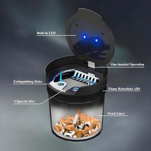 Image of Car Ashtray Detachable Ceramics with Lid Blue Led Light with Removable Lighter USB Charging for Most Car Cup Holder (Grey)