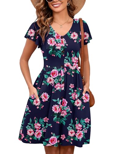 Image of Heymoments Women's Ruffle Sleeve V Neck Swing Sundress Summer Casual A-Line Midi Dress with Pockets S-2XL