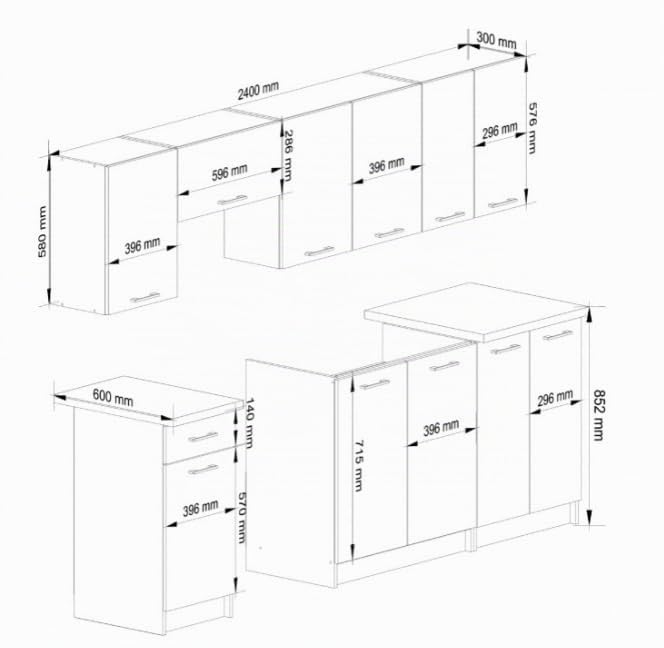 BDW - Ensemble de Meubles de Cuisine Complet Sans Appareils électroménagers - Mini-Cuisine 240 cm de Large - 240x203x46 cm - Blanc