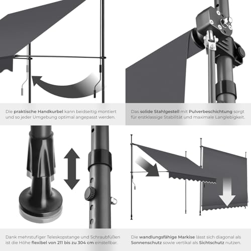 tectake® Klemmmarkise mit Handkurbel, Balkon Markise ohne Bohren, Markise höhenverstellbar, UV-beständig, wasserabweisend, Terrassenüberdachung, Sonnenschutz Terrasse & Balkon, 250 cm - schwarz/grau 5