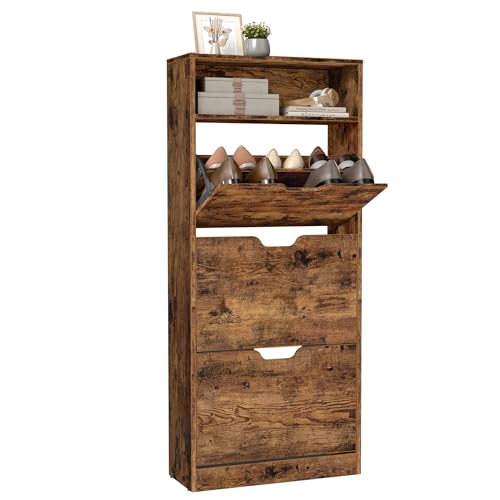 VASAGLE Schuhschrank 3 Klappen, Schuhkipper, Schuhregal, Schuhaufbewahrung, offenes Fach, Trennwand verstellbar, für 14-18 Paar Schuhe, Flur, 24 x 60 x 139 cm, vintagebraun LBC046B01