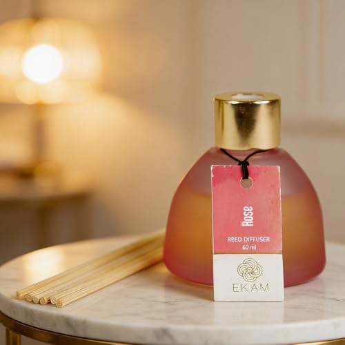 Image of Ekam Frosted Glass 60ml Rose Reed Diffuser Set | Free 6 Fiber Reed Sticks | Stress Relief & Aromatherapy | Long-Lasting Home Fragrance (Up to 60 Days) | Air Freshener for Room, Bedroom & Bathroom
