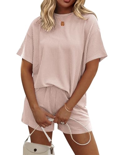 Image of Ekouaer 2 Piece Sets for Women Matching Lounge Sets Summer Outfits | Casual Loungewear, Ribbed Loose Set, Short Sleeve Shirt and Shorts, Crewneck, With Pockets