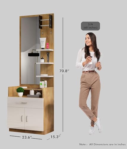 Image of Bniture Engineered Wood Dressing Table Mirror with 1-Drawer, Bangle Holder & Hooks | Vanity Mirror with Shelf (Giant Wood & Frosty White)
