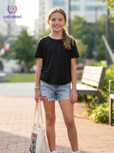Image of WELAKEN Girls Soft T-Shirt with Curved Hem, Breathable Stretchy Rayon Crewneck Short Sleeve Tees, Kids Everyday Basic Top