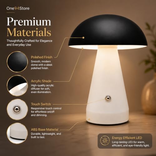 Image of One94Store Mushroom Table Lamp | Touch Control Dimmable Desk Lamp with Warm Light | USB Rechargeable Modern Bedside Lamp for Bedroom & Living Room