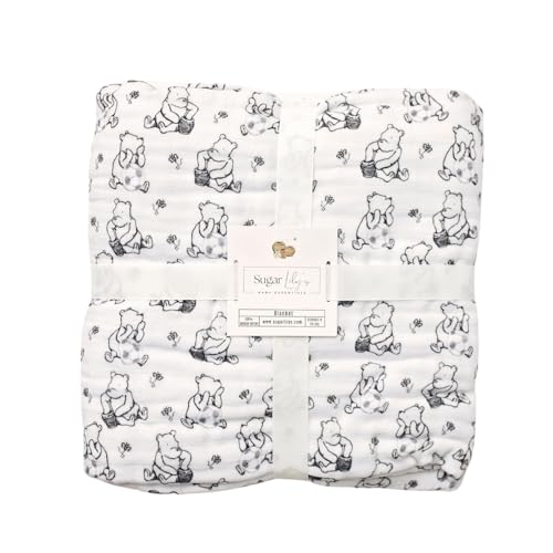 Image of Sugar Lily's- Classic Pooh Black and White with Soccer Ball Motifs,6-Layer Muslin Cotton Blanket, Soft