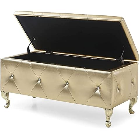 AC Pacific Glam Ultra Modern Leather Bonded Upholstered Storage Bench with Tufting Leg Finish, Gold Crystal Cover