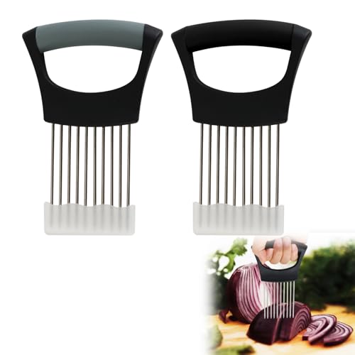 2 piezas soporte para cebollas de acero inoxidable, 14 x 9 cm, puerta rebanada cebolla con agujas y tapón, cortador de verduras inox, herramienta de corte para cebolla, tomates, limones, carne, frutas