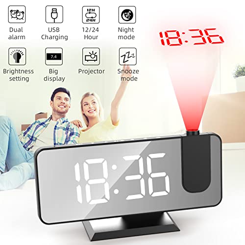 Miniatura 2 de Lancoon Reloj Despertador Digital Proyección En Techo Pantalla De Espejo Led 4 Dimmers Snooze Doble Ajuste De Alarma Para Dormitorio Lado De La Cama Oficina Salida De Carga Usb Negro-Blanco