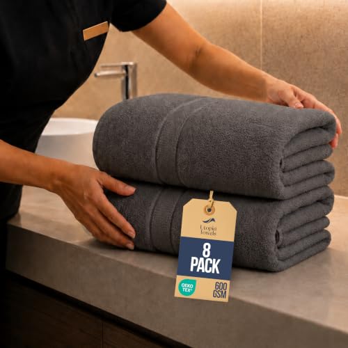 Image of Bulk 8-Pack Commercial Jumbo Bath Sheets, 35 inch x 70 inch, 600 GSM, Grey | For Vacation Rentals & Luxury Suites - 100% Ring-Spun Cotton with Plush Comfort & High Absorbency