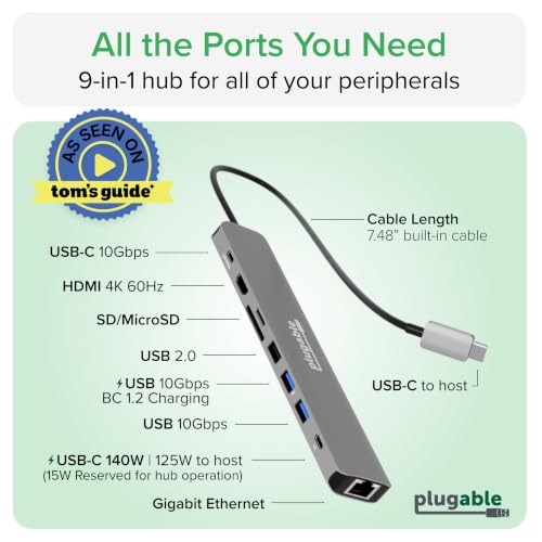 Image of Plugable USB C Hub Multiport Adapter: 9-in-1 with 140W PD Charging, 4K 60Hz HDMI, 10Gbps Data Transfer, Gigabit Ethernet, SD for USBC, USB4, Thunderbolt MacBook, Windows, Chromebook (USBC-9IN1E)