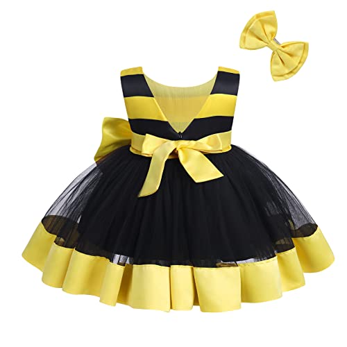 Newborn Toddler Baby Girl Princess Dress Cake Smash Birthday Tutu Dress+Headband Outfits Halloween Christmas Baptism Party Clothes Set For Cake Smash Photo Shoot Yellow-Bee 12-18 Months #TOP1