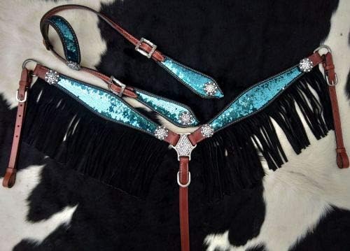 Showman Turquoise & Silver Sequins Inlay Single Ear Leather Headstall & Breast Collar Set W/Fringe & Reins! New Horse Tack! #TOP26