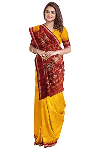 Image of Odisha Sambalpuri Handloom Ikat Women's Cotton Saree, Odisha Handloom Handmade Pure Cotton Khandua Saree, Ikkat Orissa Traditional Handloom Saree Without Blouse