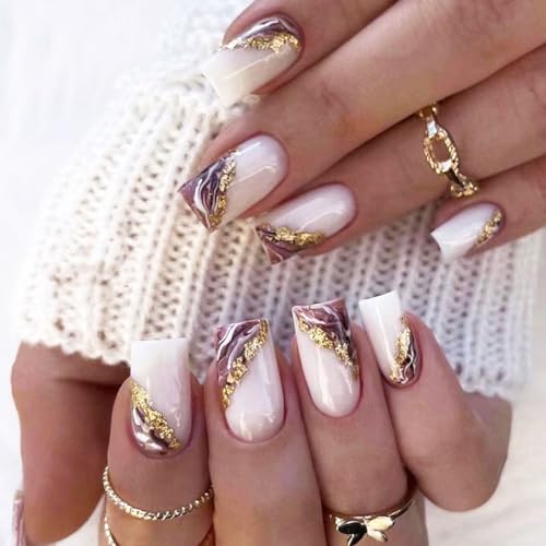 24 Pcs White Press on Nails Medium Square - SHANRUN Fashion Fake Nails Press ons Nail Art Tips Glue on Nails Full Cover Artificial Acrylic False Nails with Marbling Design Stick on Nails Kit for Women