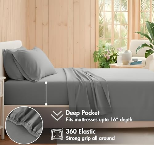 Image of RUVANTI 100% Cotton Percale Sheets Twin Size, Dark Gray | Crisp Cooling, Deep Pocket 16 inch, Soft Breathable & Durable, Hotel-Style, 3 Piece Set
