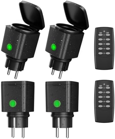 HBN Funksteckdose Aussen IP44 Wasserdicht - 4x Steckdose + 2x Fernbedienung, 3680 W, 30 m Reichweite Funkschalter Set für Garten, Terrasse, Balkon & Outdoor Beleuchtung