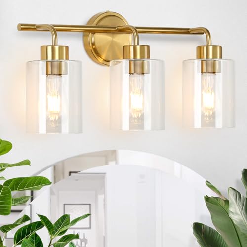 Image of Bathroom Vanity Lights Over Mirror Modern Gold Light Fixture 3 Light with Clear Glass Shade 21.3 inches Brass Wall Sconce Bathroom Lighting E26 Base