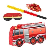 BAZEITFLOW Fire Truck with Stick Blindfold and Confetti for Boys Firefighter Birthday Party Supplies Fireman Theme Decoration Interactive Candy-filled Game