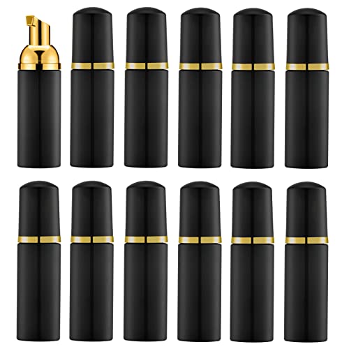 2 Oz Empty Foam Pump Bottle (12PCS) Travel Foaming Soap Dispenser for Hand Soap, Lash Shampoo Cleanser(Black&Gold Pump&Black Cap)