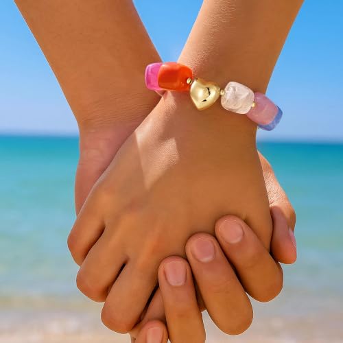 Turandoss Beaded Bracelets for Women, 14K Gold Plated Heart Bracelet | Colorful Square Beaded Stretch Bracelet, Chunky Charm Bracelet, Boho Summer Beach Vacation Jewelry, Women Teen Girls Gift — view 4