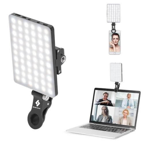 مصباح مؤتمرات فيديو 60 مصباح LED عالي الطاقة قابل لإعادة الشحن بمشبك أمامي وخلفي، 3 أوضاع إضاءة قابلة للتعديل للموبايل، ايفون، اندرويد، ايباد، لابتوب، للماكياج، سيلفي، مدونة الفيديو من سبارك سينك