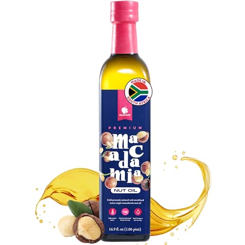 Gourmanity Macadamia Nut Oil, Cold Pressed from Premium South African Sources, offers a Rich Buttery Flavor and is perfect for Frying, Roasting, and Drizzling. This Heart-Healthy Frying Oil is Cholesterol Free, Vegan, and suitable for Keto & Paleo diets, packed with Monounsaturated Fats, including Omega 3, 6 & 9. 16.9 fl oz Bottle.